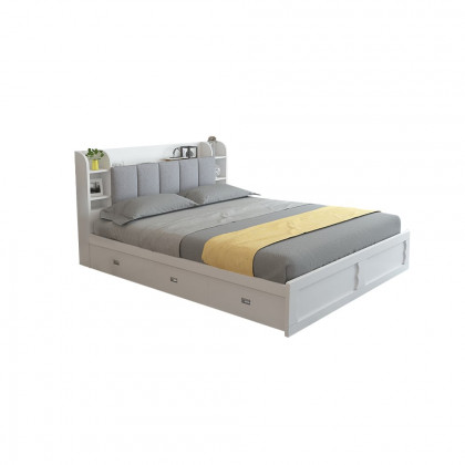 HMR - Modern White Storage Queen Bed Low Profile Queen Bed with 3 Drawers