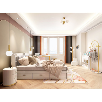 HMR - Modern White Storage Queen Bed Low Profile Queen Bed with 3 Drawers