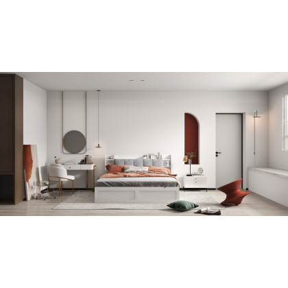 HMR - Modern White Storage Queen Bed Low Profile Queen Bed with 3 Drawers