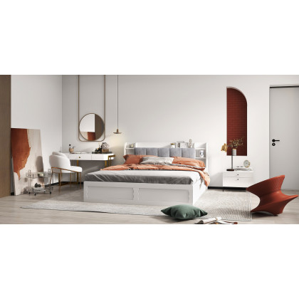 HMR - Modern White Storage Queen Bed Low Profile Queen Bed with 3 Drawers