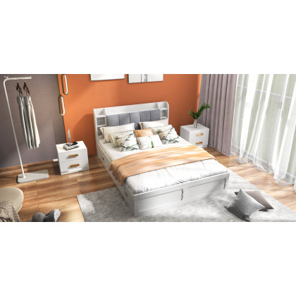 HMR - Modern White Storage Queen Bed Low Profile Queen Bed with 3 Drawers