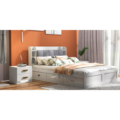 HMR - Modern White Storage Queen Bed Low Profile Queen Bed with 3 Drawers