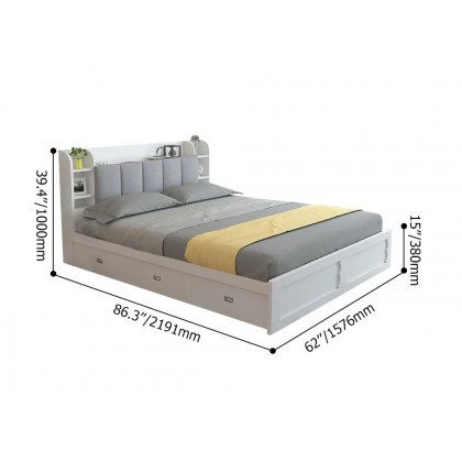 HMR - Modern White Storage Queen Bed Low Profile Queen Bed with 3 Drawers