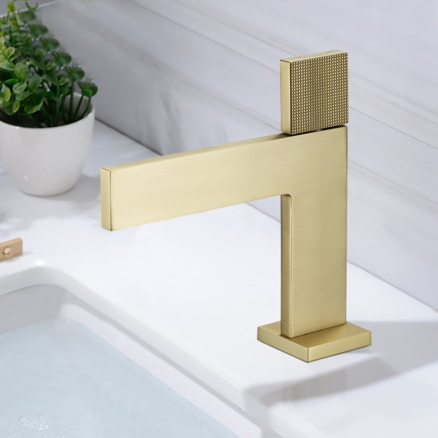 HMR - Brushed Gold Modern Bathroom Sink Faucet Single Handle 1-Hole Solid Brass
