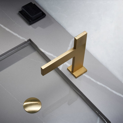 HMR - Brushed Gold Modern Bathroom Sink Faucet Single Handle 1-Hole Solid Brass