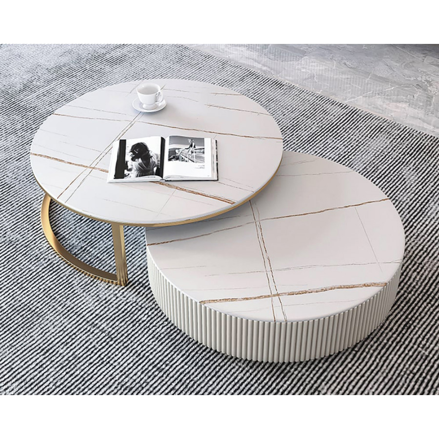 HMR - Round 2-Piece Sintered Stone Top Nesting Coffee Table with Drawer