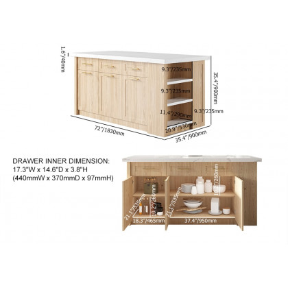 HMR 72" Modern Style Laminate Kitchen Islands with Multi-Storage - Natural, Engineered Wood