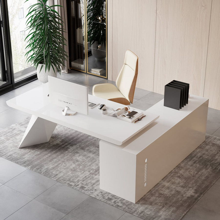 HMR Modern Large L-Shape Executive Desk with Drawers & Cabinet - White, Left Hand, 70.9"