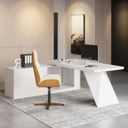 HMR Modern Large L-Shape Executive Desk with Drawers & Cabinet - White, Left Hand, 70.9"