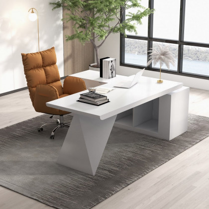HMR Modern Large L-Shape Executive Desk with Drawers & Cabinet - White, Left Hand, 70.9"