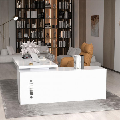 HMR Modern Large L-Shape Executive Desk with Drawers & Cabinet - White, Left Hand, 70.9"
