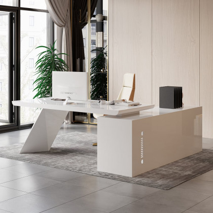 HMR Modern Large L-Shape Executive Desk with Drawers & Cabinet - White, Left Hand, 70.9"