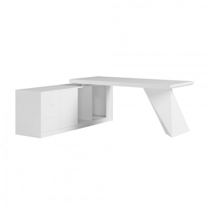 HMR Modern Large L-Shape Executive Desk with Drawers & Cabinet - White, Left Hand, 70.9"