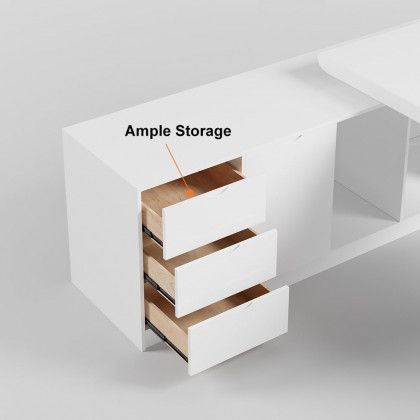 HMR Modern Large L-Shape Executive Desk with Drawers & Cabinet - White, Left Hand, 70.9"
