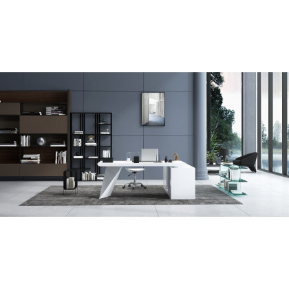 HMR Modern Large L-Shape Executive Desk with Drawers & Cabinet - White, Left Hand, 70.9"