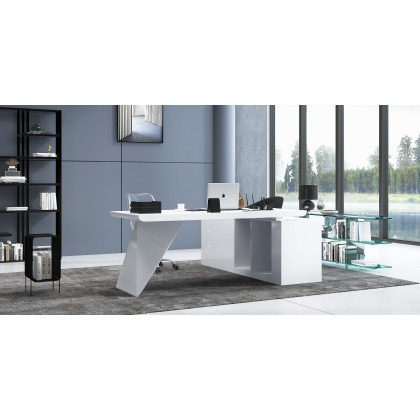 HMR Modern Large L-Shape Executive Desk with Drawers & Cabinet - White, Left Hand, 70.9"