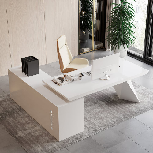HMR Modern Large L-Shape Executive Desk with Drawers & Cabinet - White, Right Hand, 78.7"