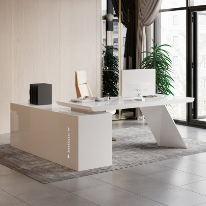 HMR Modern Large L-Shape Executive Desk with Drawers & Cabinet - White, Right Hand, 78.7"
