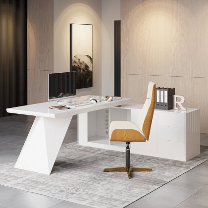 HMR Modern Large L-Shape Executive Desk with Drawers & Cabinet - White, Right Hand, 70.9"