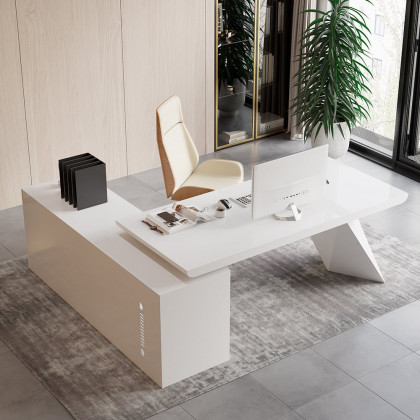 HMR Modern Large L-Shape Executive Desk with Drawers & Cabinet - White, Right Hand, 70.9"