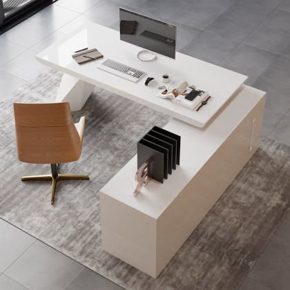 HMR Modern Large L-Shape Executive Desk with Drawers & Cabinet - White, Right Hand, 70.9"