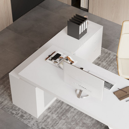 HMR Modern Large L-Shape Executive Desk with Drawers & Cabinet - White, Right Hand, 70.9"