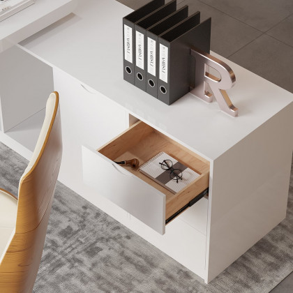 HMR Modern Large L-Shape Executive Desk with Drawers & Cabinet - White, Right Hand, 70.9"