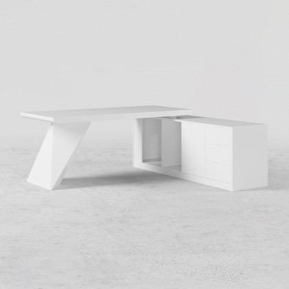 HMR Modern Large L-Shape Executive Desk with Drawers & Cabinet - White, Right Hand, 70.9"