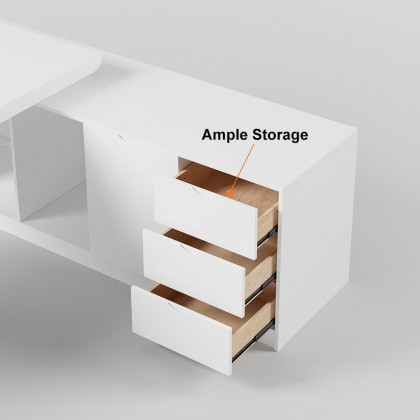 HMR Modern Large L-Shape Executive Desk with Drawers & Cabinet - White, Right Hand, 70.9"