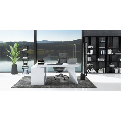 HMR Modern Large L-Shape Executive Desk with Drawers & Cabinet - White, Right Hand, 70.9"