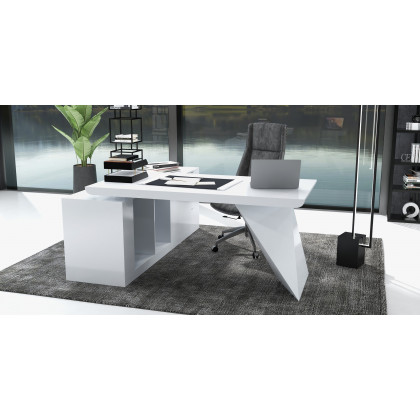 HMR Modern Large L-Shape Executive Desk with Drawers & Cabinet - White, Right Hand, 70.9"