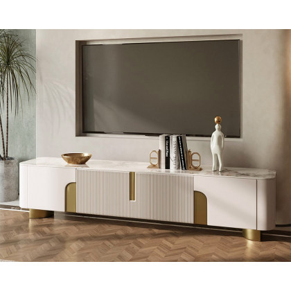 HMR Artus Modern TV Stand Stone Top 4 Doors with Storage Media Console - Beige, 78.7"W x 15.7"D x 20.5"H