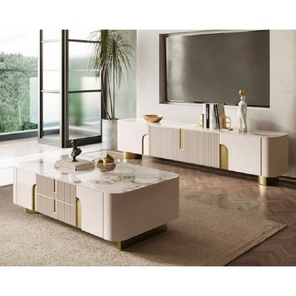 HMR Artus Modern TV Stand Stone Top 4 Doors with Storage Media Console - Beige, 78.7"W x 15.7"D x 20.5"H