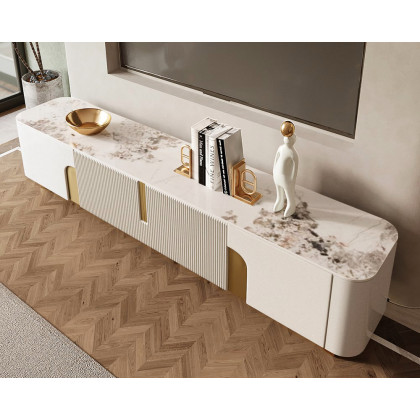 HMR Artus Modern TV Stand Stone Top 4 Doors with Storage Media Console - Beige, 78.7"W x 15.7"D x 20.5"H