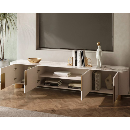 HMR Artus Modern TV Stand Stone Top 4 Doors with Storage Media Console - Beige, 78.7"W x 15.7"D x 20.5"H