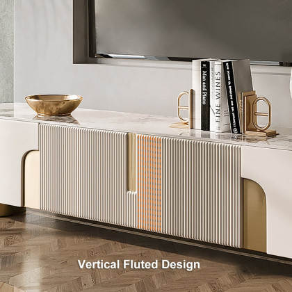 HMR Artus Modern TV Stand Stone Top 4 Doors with Storage Media Console - Beige, 78.7"W x 15.7"D x 20.5"H