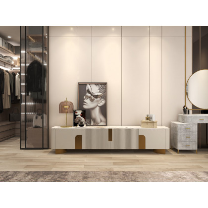 HMR Artus Modern TV Stand Stone Top 4 Doors with Storage Media Console - Beige, 78.7"W x 15.7"D x 20.5"H