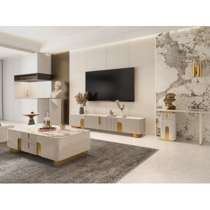 HMR Artus Modern TV Stand Stone Top 4 Doors with Storage Media Console - Beige, 78.7"W x 15.7"D x 20.5"H