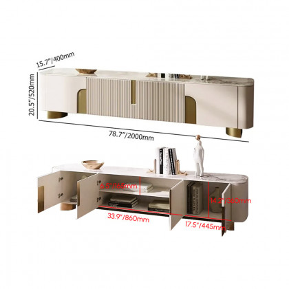 HMR Artus Modern TV Stand Stone Top 4 Doors with Storage Media Console - Beige, 78.7"W x 15.7"D x 20.5"H