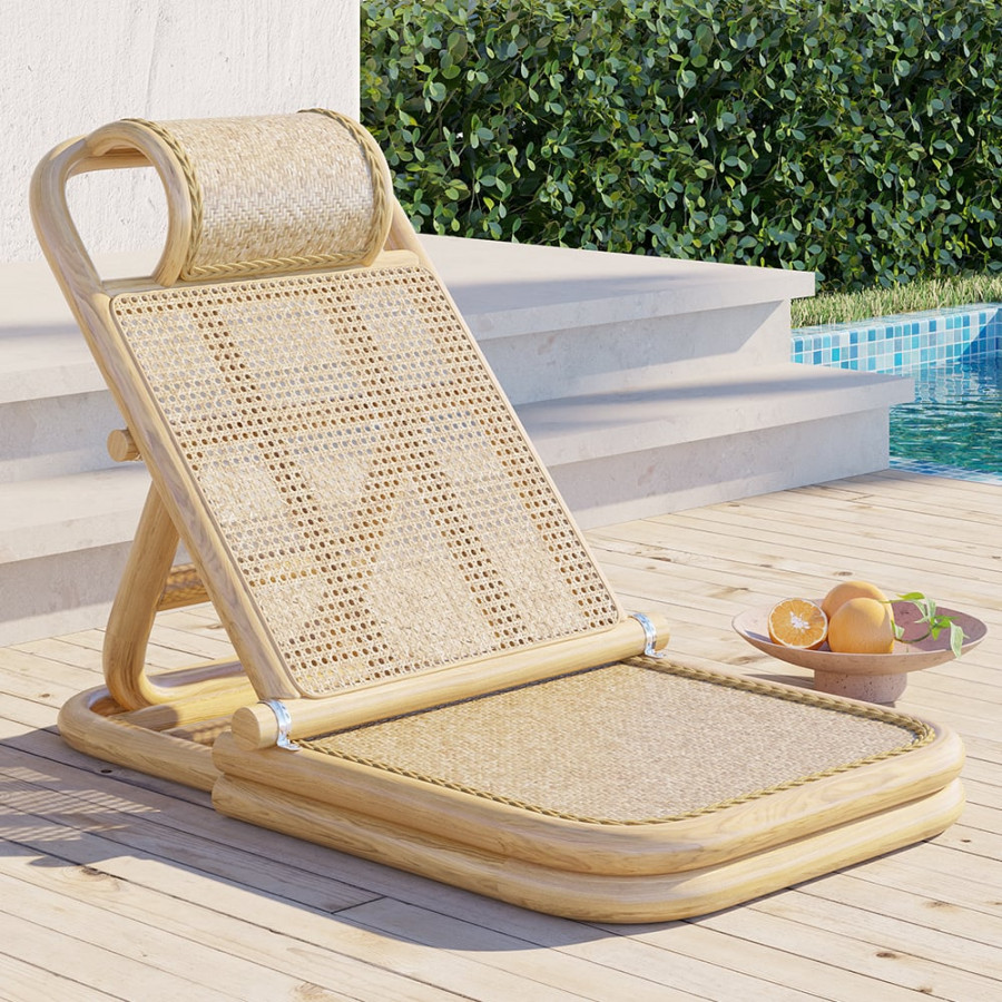 HMR - Scandinavian Rattan & Wood Outdoor Long Reclining Chaise Patio Lounge Chair in Natural