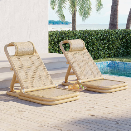 HMR - Scandinavian Rattan & Wood Outdoor Long Reclining Chaise Patio Lounge Chair in Natural