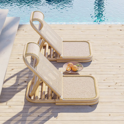 HMR - Scandinavian Rattan & Wood Outdoor Long Reclining Chaise Patio Lounge Chair in Natural
