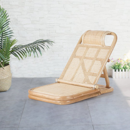 HMR - Scandinavian Rattan & Wood Outdoor Long Reclining Chaise Patio Lounge Chair in Natural