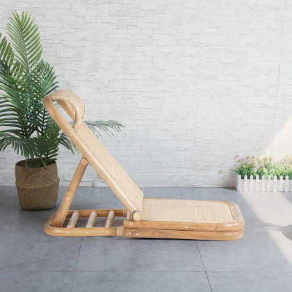 HMR - Scandinavian Rattan & Wood Outdoor Long Reclining Chaise Patio Lounge Chair in Natural