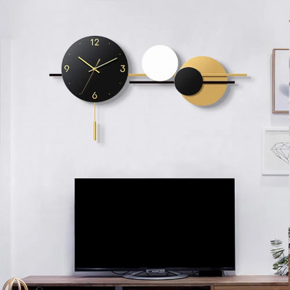 HMR - Geometric Round Digital Large Wall Clock Oversized in Black/White/Yellow