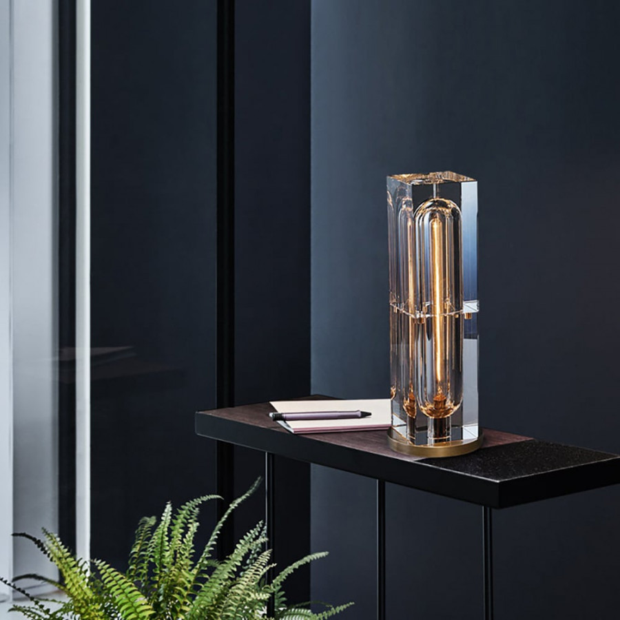 HMR - Postmodern 1-Light Crystal Table Lamp with On / Off Switch in Antique Brass