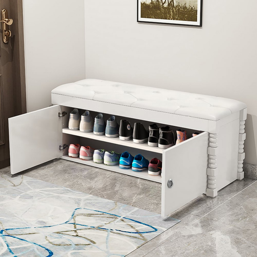 HMR - White Entryway Bench with Shoe Storage Leather Upholstered