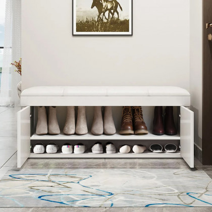 HMR - White Entryway Bench with Shoe Storage Leather Upholstered