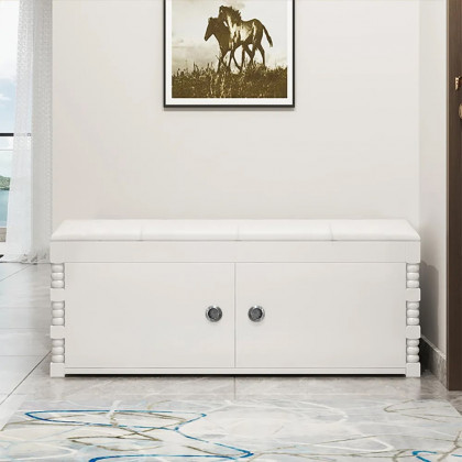 HMR - White Entryway Bench with Shoe Storage Leather Upholstered