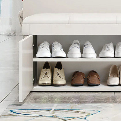 HMR - White Entryway Bench with Shoe Storage Leather Upholstered